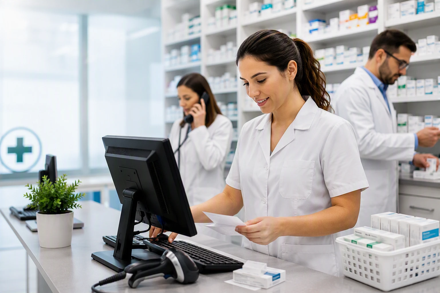 Technicienne en pharmacie traitant une ordonnance au comptoir