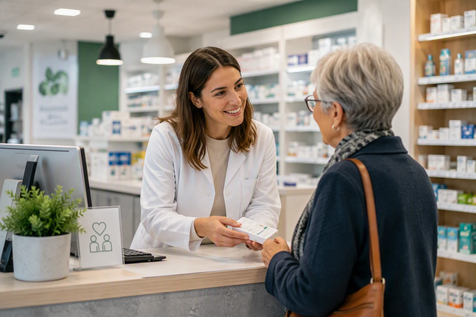 Pharmacienne remettant un médicament à une patiente au comptoir